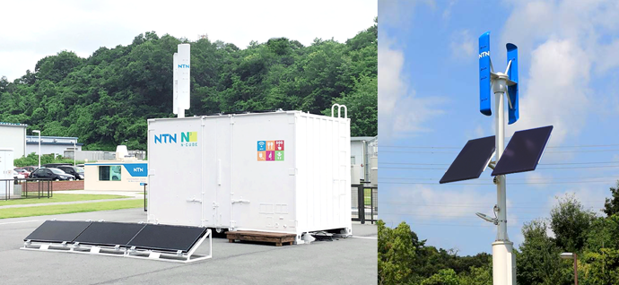 (left) Transportable Independent Power Supply “N3 N-CUBE” which can be transported by means such as truck and generate/supply electricity/(right) Stationary Power Supply “NTN Green Power Station” which can turn on LED lighting and recharge smartphones by using the generated electricity