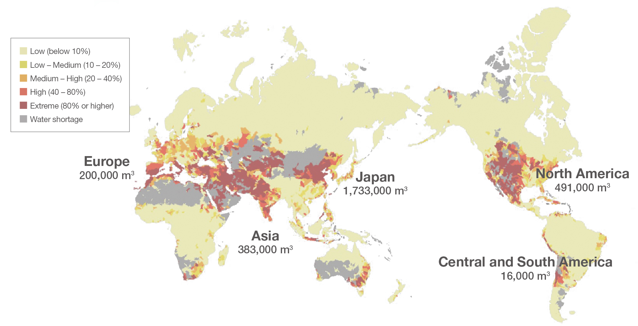 Predicted changes in water stress (estimated for 2040) and water consumption by region (FY2023)