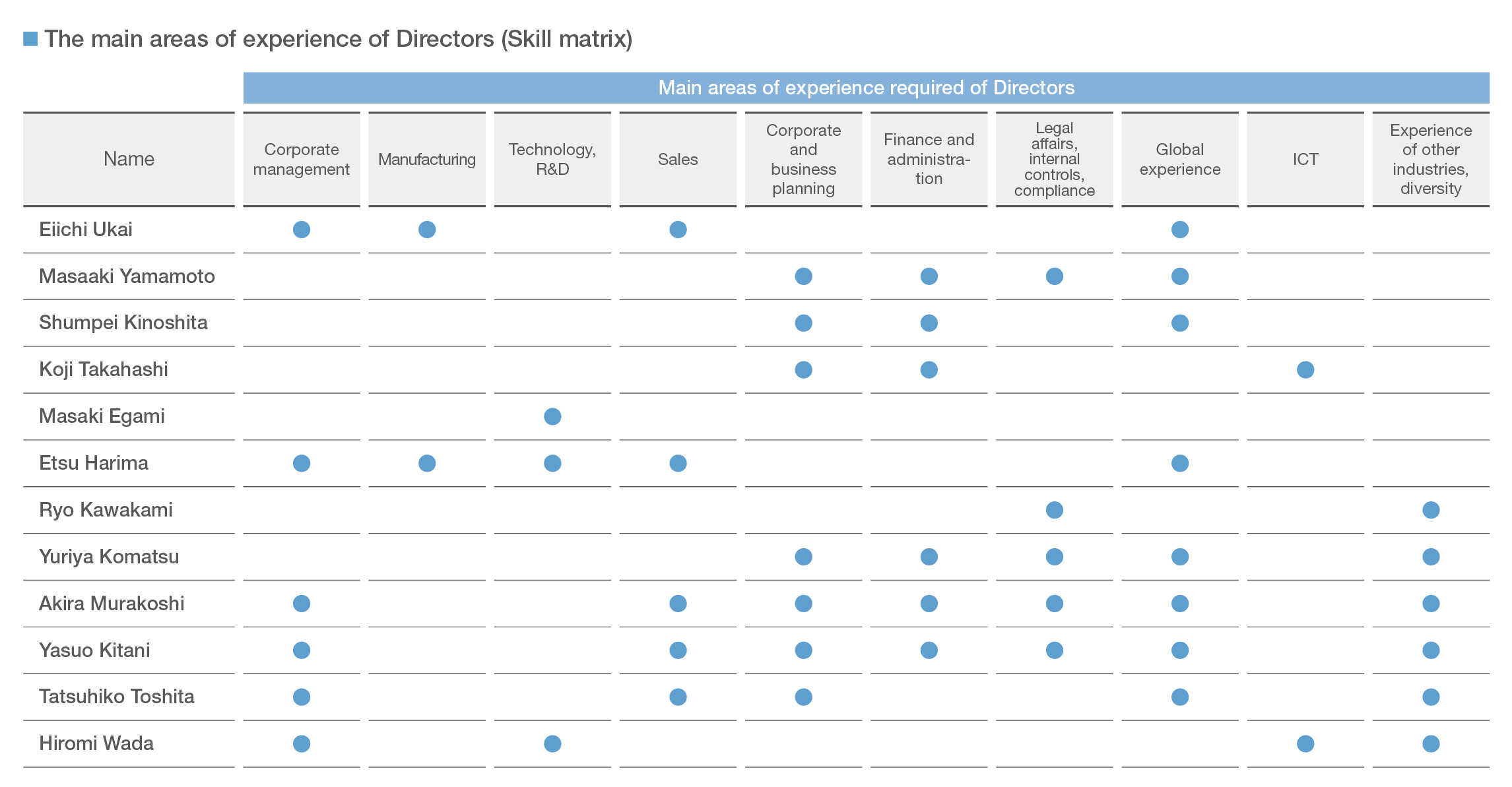 The main areas of experience of Directors (Skill matrix)