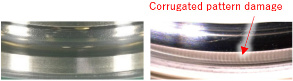 Photo:Raceway surface of outer ring after electrical pitting test (Left: Developed product, Right: Standard product)