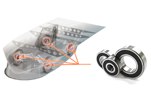 Photo(left) : Locations of bearings used in the
solar-powered car/Photo(right) : Bearings supplied by NTN for the solar-powered car