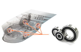 Photo(left) : Locations of bearings used in the
solar-powered car/Photo(right) : Bearings supplied by NTN for the solar-powered car