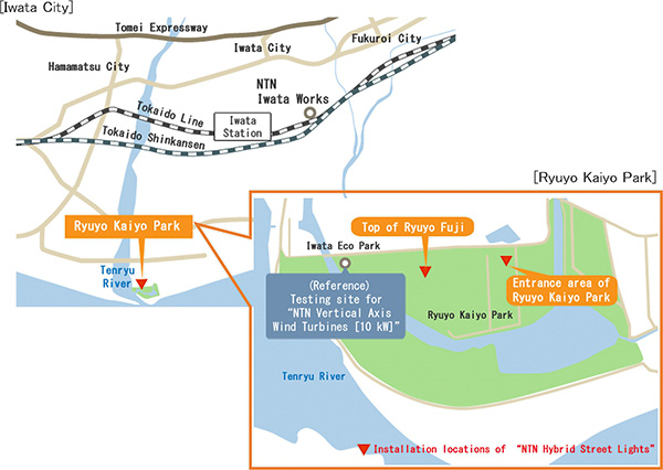 Installation locations of “NTN Hybrid Street Lights” donated to Iwata City, Shizuoka Prefecture